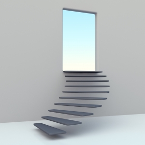 stairway leading to an open door and blue sky